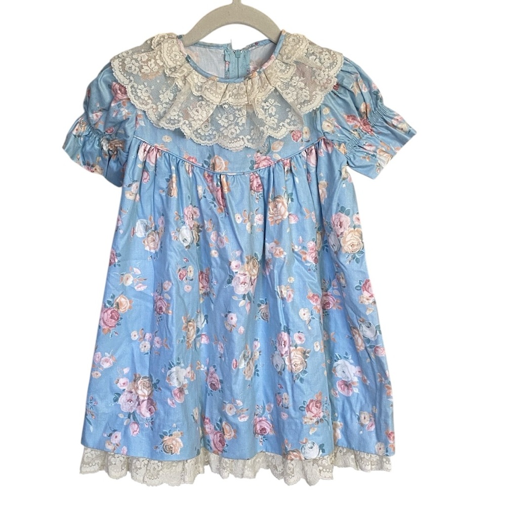 Ceil Ainsworth New York Girls Floral Blue Dress with Lace Collar